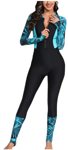 Swimming Suit for Women Long Legs Athletic One Piece Swimsuit Long Sleeve Swmming Costume with Front Zip Bathing Suit Padded Swimwear Body Shaping Beachwear Tummy Control Wetsuit