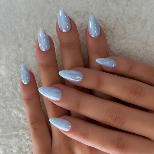 KQueenest Chrome Baby Blau Press on Nails Kurz Mandel, Glänzend Glitzer Nägel zum Aufkleben Spitz, Glasiert Niedlich Fake Nails mit Sparkle Design, Natürlich Einfarbig Künstliche Nägel 30 Stück