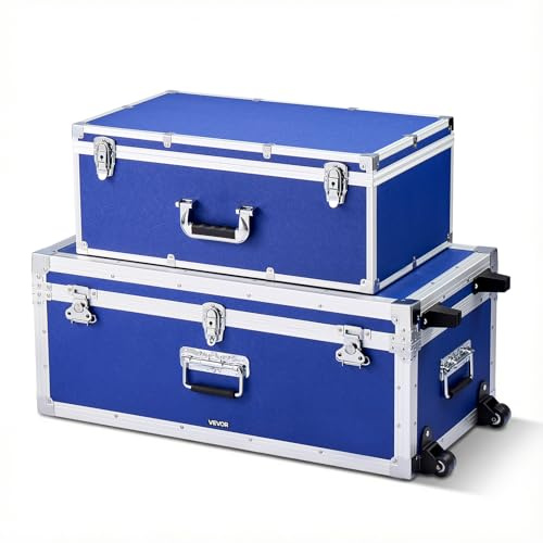 VEVOR Set 2 Casse Portaoggetti in Alluminio, Valigia Portautensili in Pannello Legno Colore Blu con Lucchetto, Rotelle e 3 Maniglie in Metallo, Baule da Trasporto per Viaggi Appartamenti Dormitori