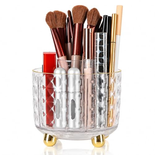 FAVORTALK Makeup Pinsel Halter Make up Pinsel Aufbewahrung Organizer Kosmetik Organizer, 360° Drehbarer mit 6 Fächern für Lippenstift, Pinsel, Makeup Brush Holder für Frisiertisch (Weiß-Gold)