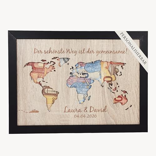 Personalisiertes Geldgeschenk zur Hochzeit | Hochzeitsgeschenke für Brautpaar | Kreative Möglichkeit zum Geldverschenken im DIN A5 A4 A3 Format Weltkarte | Mit hochwertigem Echtholz Bilderrahmen