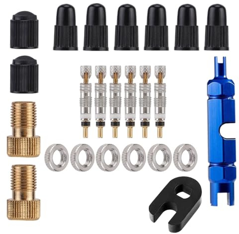 JZK Kit di ricambio per valvola Presta, 24 pezzi, con strumento di rimozione del nucleo, nucleo valvola per bicicletta tubeless, adattatori in ottone e tappi per valvole in plastica, kit di attrezzi