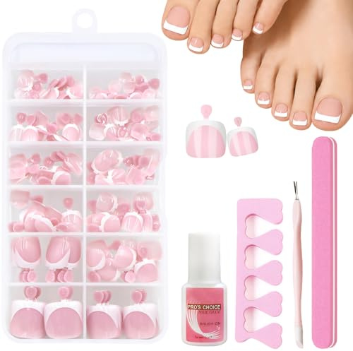 Virellay 120 Stück Rosa Falsche Fußnägel Kit - Französisch Natürliche Fußnägel zum Aufkleben - Full Cover Press On Nails Füße für Frauen (Rosa French)