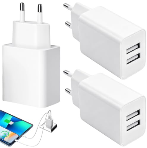 3 Pack Cargador USB 2 Puertos 5V 2A 10W, para Móvil Casa Oficina Viaje | Adaptador Enchufe Doble USB-A de Pared 100-230V para iPhone Samsung Xiaomi Huawei , Tablet, Auriculares, Reloj, Power Bank
