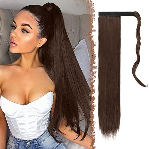 FESHFEN Straight Ponytail Extensions Long Wrap Around Ponytail Synthetic Clip in Pony Tail Hair Extensions Medium Brown Hairpiece for Women, 24 inch
