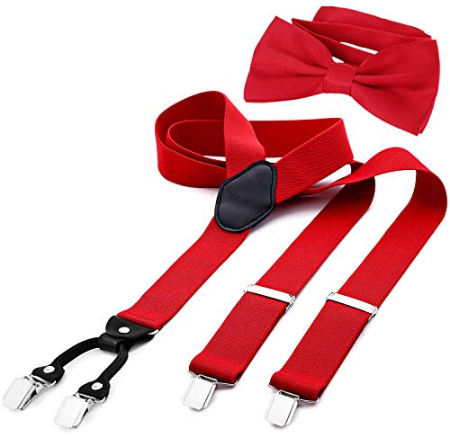 DonDon Herren 3,5 cm breiter Hosenträger in Y-Form elastisch und verstellbar im 2er Set mit farblich passender Fliege 12 x 6 cm