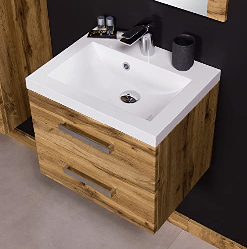 Quentis Badmöbelset Genua Breite 50 cm, Waschbecken mit Waschbeckenunterschrank, 2 Softclose Schubladen, Badmöbel vormontiert, Eiche Natur