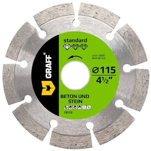 GRAFF Diamantscheibe 115mm für Stein, Beton, Bordstein, Natur- und Kunststein - Standard Diamanttrennscheibe für Winkelschleifer und Flex - Segmenthöhe 10mm