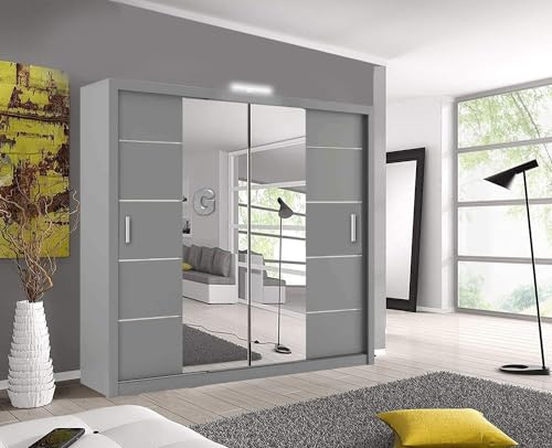 OSLO Modern Mirror sliding door wardrobe with LED Light Width 150cm/180cm/203cm (Grey, 150cm)