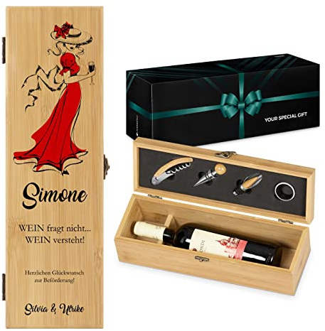 Maverton Weinbox für 0,7L Weinflasche - Wein Holzbox personalisiert + 4er Weinzubehör - Weinset Weinkiste - aus Bambus - Braun - Geschenk zum Geburtstag für Frauen - Dame
