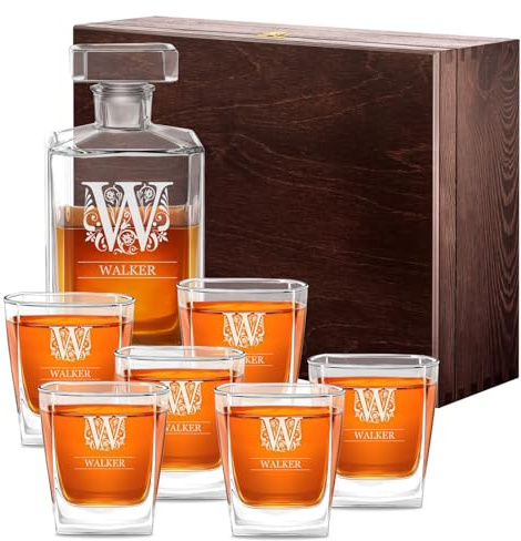Maverton Whiskey Decanter Set of 6 Glasses, 700 ml Universal Carafe, Letter | You can Personalise Tumblers as Gift
