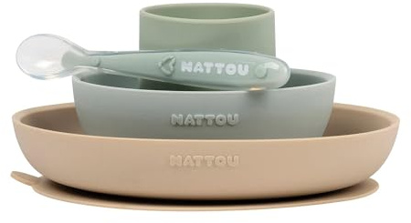 Nattou Stoviglie in silicone per bambini, 4 Pezzi, 1 Cucchiaio, 1 Tazza, 1 Piatto piano, 1 Piatto fondo, Antiscivolo, Senza BPA, Silicone, Verde/Beige