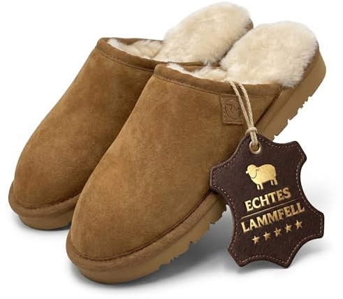 Rohn Moden Lammfell Hausschuhe Herren – Loisl – Warme Hausschuhe Herren mit Schaffell & rutschfester EVA-Sohle – Winter Pantoffeln für zuhause – Slipper gefüttert - Braun Grau