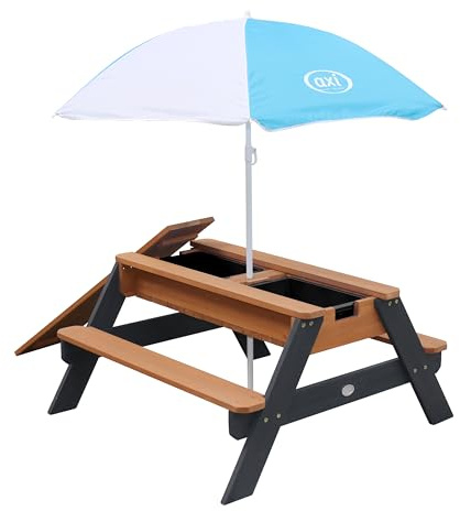 AXI Nick Kinder Sand & Wasser Picknicktisch aus Holz | Wasserspieltisch & Sandtisch mit Deckel und Behältern | Kindertisch/Matschtisch in Grau & Braun mit Sonnenschirm für den Garten