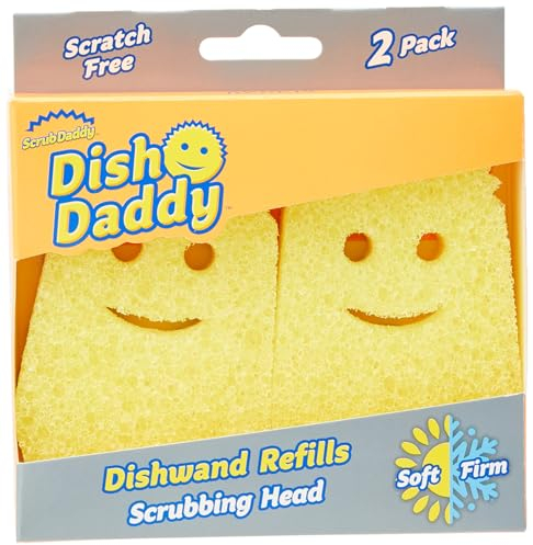 Scrub Daddy Dish Wand Scrubbing Brush Replacement Heads, Soap Dispensing Brushes, Texture Changing Washing Up Sponges, Detachable Dish Daddy Head Sponge Refills, Yellow 2 Pack