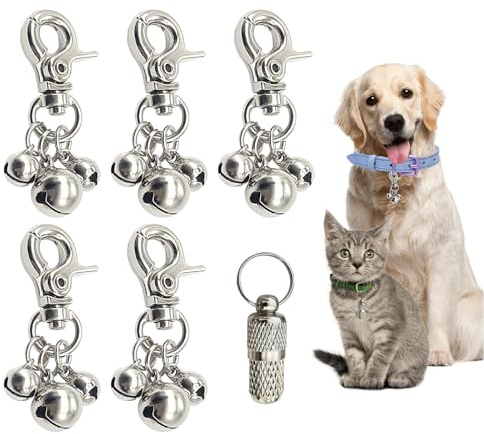 SwirlColor Hundeglocke für Halsbänder, 5 Stück Silber Zinklegierung Dreifacher Glockenanhänger Haustierglocken für Halsbänder mit 1 Messing-Haustier-ID-Markenfass