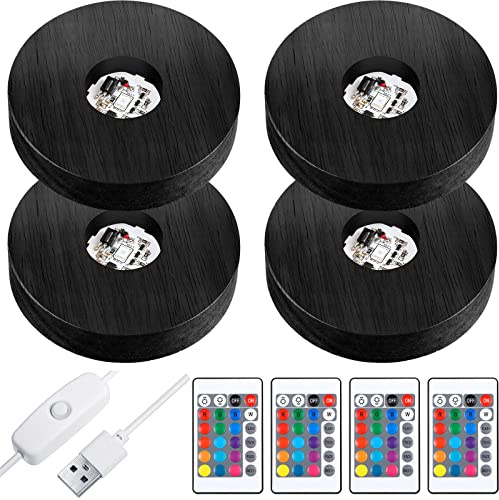 Riakrum 4 Pieces Wood LED Display Light Base Crystal Display Base Stand Remote Control Round 16 Lighting Modes Wooden Lighted Holder Colorful Pedestal for Crystal Glass Resin Ball(Black)