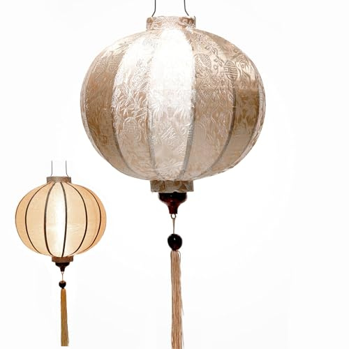 Asiatische Laterne aus Seide, R Ø47 cm, Farbe Champagner, reflektierend, Rosa – Traditioneller Hoi an Lampion aus Stoff, Bambus und Holz – Dekoration und Handwerk aus Vietnam (R40-BE)