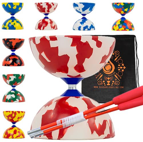 Jester Ensemble de diabolo avec bâtons en fibre, corde de diabolo – Ensemble de diablo en caoutchouc de taille moyenne avec sac de transport en cascade (rouge et blanc)
