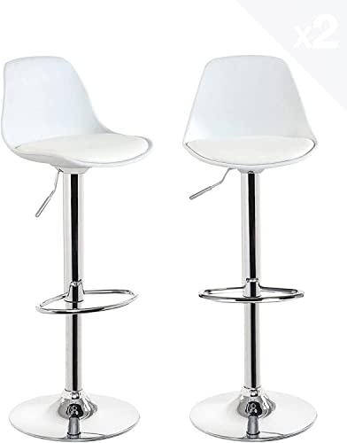 RELOVE Set di 2 Sgabello da Bar Moderno Sgabello Alto con schienale in Simipelle Sedia Alta da Cucina Regolabile Girevole-Bianco-2pz