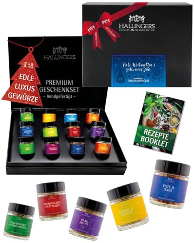 Hallingers Genuss Manufaktur Gewürz Weihnachts-Geschenk-Set - 12 Gewürze aus aller Welt in wertiger Geschenkbox mit Rezept-Booklet Frohe Weihnacht..., Weihnachten für Frauen Männer