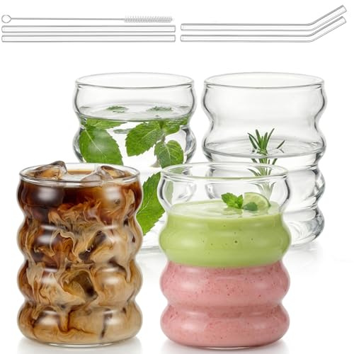 VITEVER 530ml Bubble Gläser, Eiskaffeegläser mit Glasstrohhalmen 4er-Set, Gerippte Trinkgläser für Cocktail, Milch, Wasser, Soda, Geschenk mit Pinsel