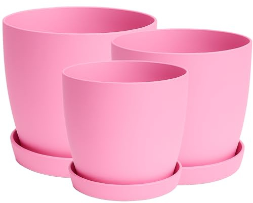 Home Garden Ornaments Maceta Rosa Juego de 3 Tamaños 14/16/18 cm - Mate Macetas Plastico con Platillo sin Agujeros de Drenaje - Maceteros Exterior - Macetero Interior (Rosa)