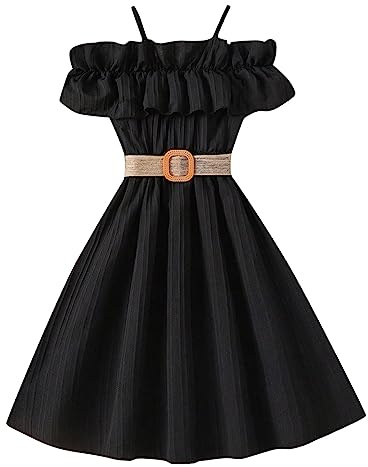 Robe Adolescente Princesse Chic Et Élégante Sans Manches - Épaules Dénudées Pour Fille 3-12 Ans - Anniversaire, Habillé, Soirée - Pas Cher Printemps Été Vintage (Y-Noir, 11-12 Ans)