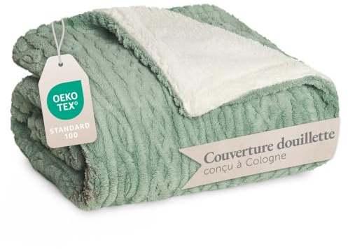Blumtal coperta pile plaid 230x270 cm con disegno a treccia - coperta divano invernale con certificato OEKO-TEX - coperta pile in microfibra - pile coperta letto matrimoniale invernale - verde/bianco