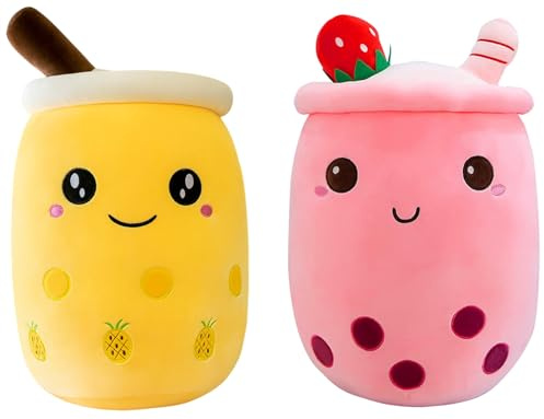 FSRONGXI 2 Stück Bubble Tea Plüsch Niedliche Plushies Stofftier Plüschkissen Weiches Kawaii Perle Milchtee Umarmungskissen für Kinder (Rosa & Gelb)