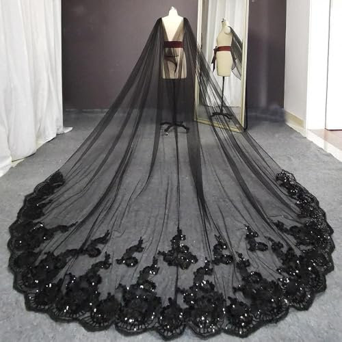 Rieort Brautschleier Braut Tüll Schwarz Lange Hochzeit Schleier Brosche Fester Kopf Schleier 400/500 cm Cape Pailletten Spitze Rand Braut Tüll Schleier Drop Schleier Anmut