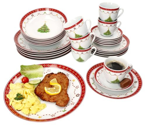 MamboCat Weihnachtstraum 30tlg Kombiservice I Porzellan-Geschirrset mit Weihnachtsdekor für 6 Personen I Je 6x Speiseteller, Suppenteller, Kuchenteller, Tassen & Untertassen