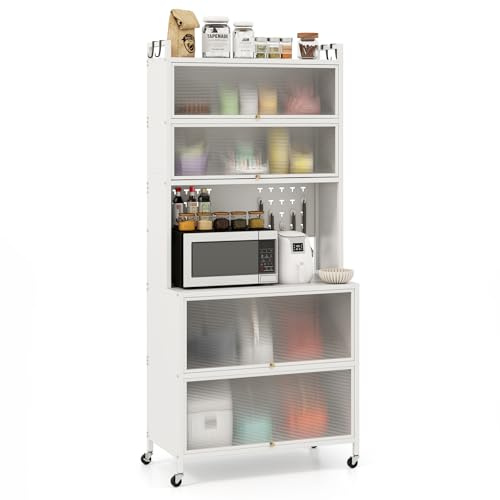 COSTWAY Meuble Cuisine Rangement 6 Niveaux, Etagere Rangement Cuisine en Fer, Portes Battantes, Panneau Perforé, 10 Crochets, Armoire à Roulette, Support Micro-Ondes (Blanc)