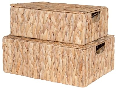 Wickerfield Water Hyacinth Woven Storage Box for Shelves Wicker Gift Hamper with Handle and Lid Home Bathroom Organiser (Set (S+L))