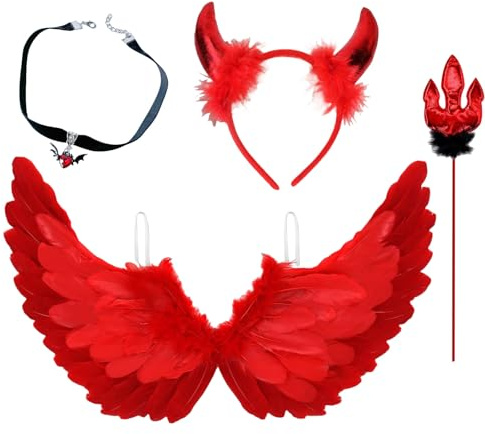 GWAWG Ali d'Angelo Rosse e Corna da Diavolo con Bacchetta, Costume da Diavolo Rosso con Collana da Pipistrello Demoniaco, Ali d'Angelo Cadute per Adulto Bambino Halloween Carnevale Cosplay Party