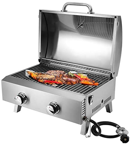 Stainless Steel Propane Gas Grill, Outdoor Two-Burner BBQ Grill with 2800pa 3100w*2 BTU 21200 Piezoelectric Ceramic Ignition Foldable Leg, For Camping Picnics
