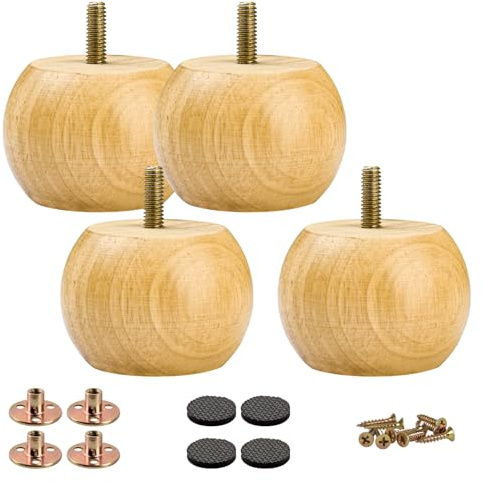 2 inch /5cm Solid Wood Furniture Legs,4Pcs Varnish Small Round Sofa Legs,Minimalist Modern Wooden Replacement Bun Feet with M8 Bolt &Mounting Plate for Bed Couch Dresser Cupboard Cabinet Ottoman