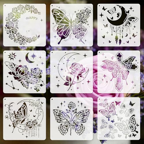 9 Stück Schablonen Schmetterling Rose 20x20cm Malschablonen für Wandtattoo Textilbemalung Möbeldeko Basteln mit Kindern DIY Malerei auf Holz Stoff Papier Scrapbooking Dekoschablonen