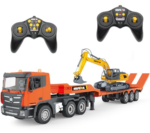 fisca RC Semi Camión y Excavadora Juguete, 2,4 Ghz teledirigido camión plano y excavadora de juguete, 1:24 RC Tractora con sonido y luces, adecuado para vehículos de construcción para niños (naranja)