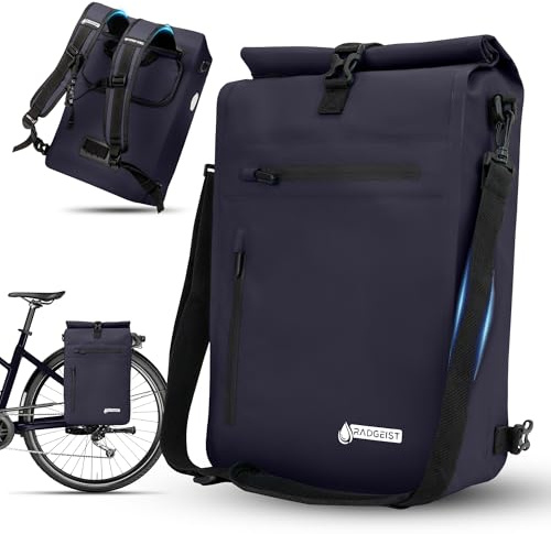 RADGEIST 3-i-1 cykelväska för bagagehållare – bagagehållarväska vattentät, extra robust med snabb upphängning – cykelväska, ryggsäck (25 liter) – cykelryggsäck (marinblå)