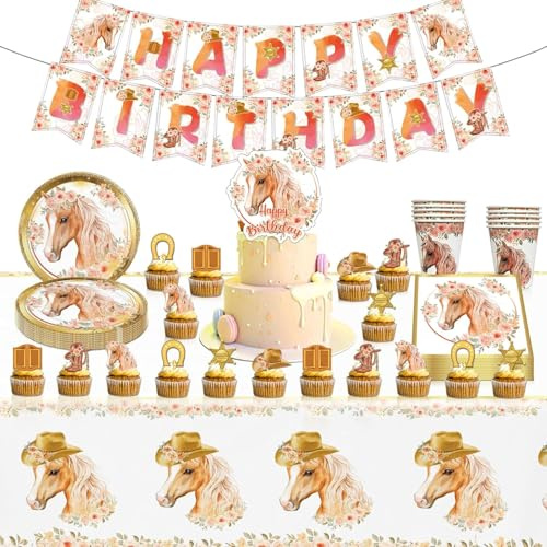 86 Stück Pferd Partygeschirr Set, Pferde Geburtstag Partygeschirr Set, Pferde Geburtstagsdeko, Pferde Party Supplies gehören Teller Papiertuch,Tischdecken,Becher,Kuchendekorations für 20 Gäste