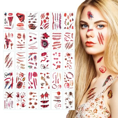 NOPKESV 30 Blatt Gesichtstattoo Karneval, Horror Narben Wunden Spinnen Gruselig Tattoo Gesicht, Zombie Vampir Hexen Kostüm Damen Make Up Schminke Zubehör für Karneval Fasching Motto Party