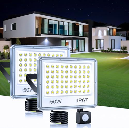TASINUO Projecteur LED Extérieur avec Détecteur 50W, 5000LM 6500K Spot LED | Spot Exterieur Detecteur Mouvement IP67 Etanche, 60 LEDs Lampe Exterieur Detecteur de Mouvement pour Jardin Terrasse Garage