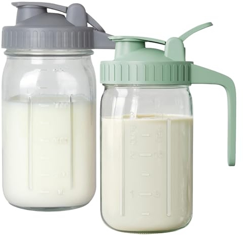 CAKEEYUM 2pcs Picheurs de Lait Maternel 32 oz Bouteille de Rangement Lait Maternel à l'épreuve Fuite avec Couvercle et Bec Large Bouche Bocal maçon pour liquides, thé glacé, jus, pichet du
