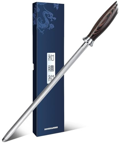 HOSHANHO Chaira Afilar Cuchillos, Afilador de Acero Profesional de Cocina de 30 cm, Japonés Afilador de Cuchillos de Alto Carbono con Mango Ergonómico de Madera de Pakkawood