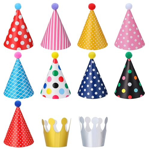ADLABLD 11 Stück Partyhüte Geburtstag Set,Verstellbare Geburtstag Kegel Party Hüte,Bunte Partyhüte,9 Partyhut Mit Pompoms Und 2 Geburtstag Krone Geeignet,für Familienfeiern und Erwachsene