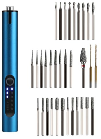 Mini Cordless Electric Engraving Pen with 30 Carving & 2 Drilling & 1 Tungsten Carbide Grinding Rotary Bits for DIY Crafts, USB LED Light 3-Speed Tool Kit for Metal, Wood, Glass, Plastic (Blue)