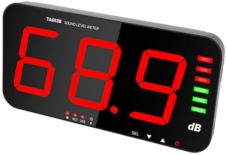 Oceanside Misuratore di Decibel, Fonometro per Montaggio a Parete con Registratore Dati, Gamma 30 130 Db, Cicalino di Allarme, Ampio Display a LED
