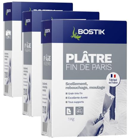 Bostik - Plâtre Fin de Paris - Scellement, Rebouchage, Moulage - Intérieur - Tous Supports - Prise Rapide - Couleur : Blanc - 1 Boîte Carton 1 kg (Lot de 3)