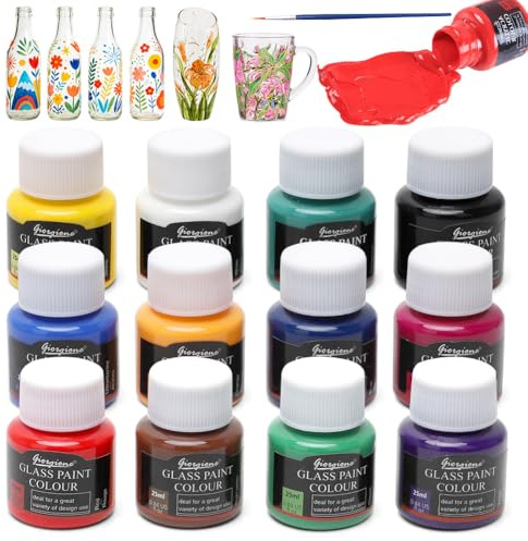 Generisch 12 x 25ml Glasfarben Set, Porzellanfarbe Spülmaschinenfest und Keramik Bemalen Set, UV-Schutz & Hochpigmentiert & Glasfarbe & Wasserfest für Mehrere Glas Oberflächen